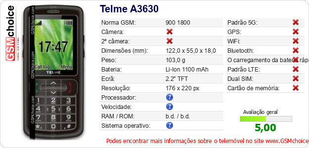 Telme A3630 Especificações técnicas do telemóvel 