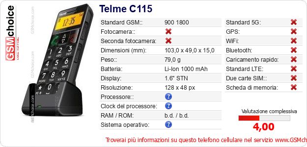 Telme C115 Dati tecnici di telefono cellulare 