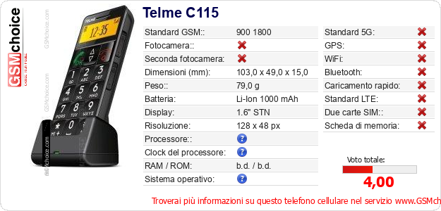 Telme C115 Dati tecnici di telefono cellulare Telme C115 Dati tecnici di telefono cellulare