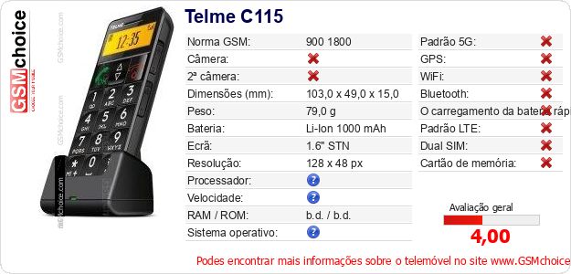 Telme C115 Especificações técnicas do telemóvel 