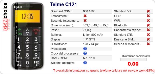 Telme C121 Dati tecnici di telefono cellulare Telme C121 Dati tecnici di telefono cellulare