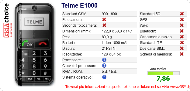 Telme E1000 Dati tecnici di telefono cellulare 
