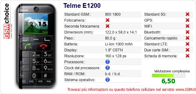 Telme E1200 Dati tecnici di telefono cellulare Telme E1200 Dati tecnici di telefono cellulare