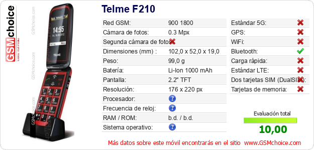 Telme F210 Datos técnicos del móvil Telme F210 Datos técnicos del móvil