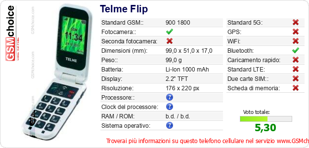 Telme Flip Dati tecnici di telefono cellulare Telme Flip Dati tecnici di telefono cellulare
