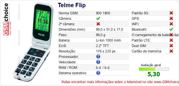 Telme Flip Especificações técnicas do telemóvel Telme Flip Especificações técnicas do telemóvel