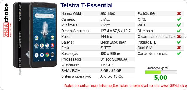 Telstra T-Essential Especificações técnicas do telemóvel Telstra T-Essential Especificações técnicas do telemóvel