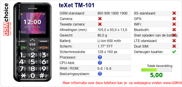 teXet TM-101 Technische gegevens 