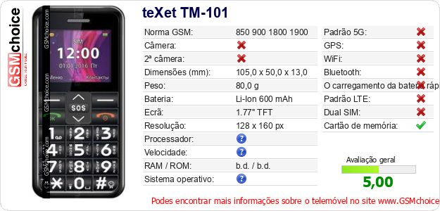 teXet TM-101 Especificações técnicas do telemóvel teXet TM-101 Especificações técnicas do telemóvel