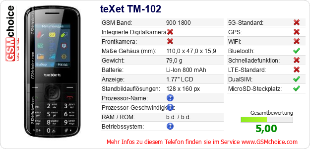 teXet TM-102 technische Daten teXet TM-102 technische Daten