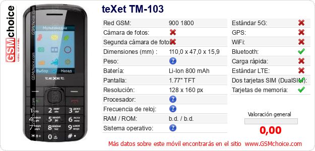 teXet TM-103 Datos técnicos del móvil teXet TM-103 Datos técnicos del móvil