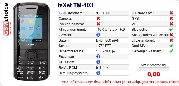 teXet TM-103 Technische gegevens 