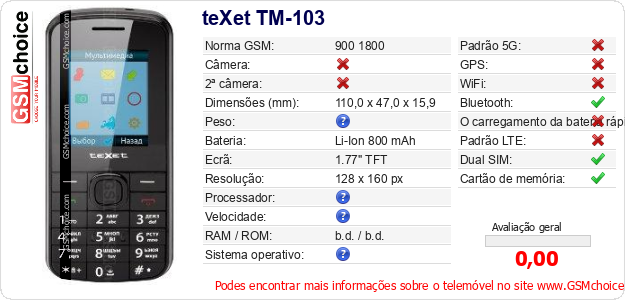 teXet TM-103 Especificações técnicas do telemóvel teXet TM-103 Especificações técnicas do telemóvel