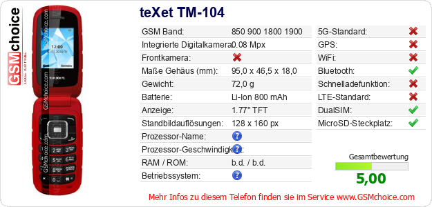teXet TM-104 technische Daten teXet TM-104 technische Daten