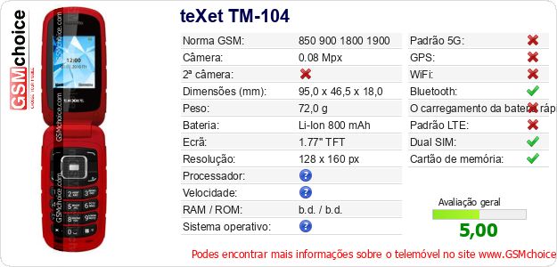teXet TM-104 Especificações técnicas do telemóvel teXet TM-104 Especificações técnicas do telemóvel