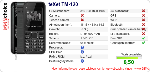 teXet TM-120 Technische gegevens  teXet TM-120 Technische gegevens