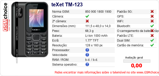 teXet TM-123 Especificações técnicas do telemóvel teXet TM-123 Especificações técnicas do telemóvel