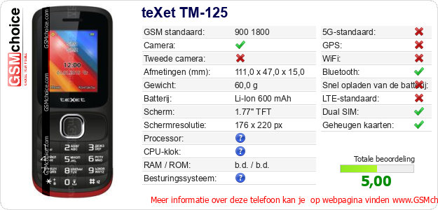 teXet TM-125 Technische gegevens 