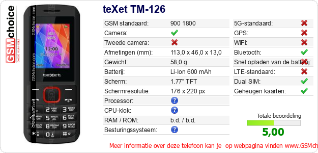 teXet TM-126 Technische gegevens 