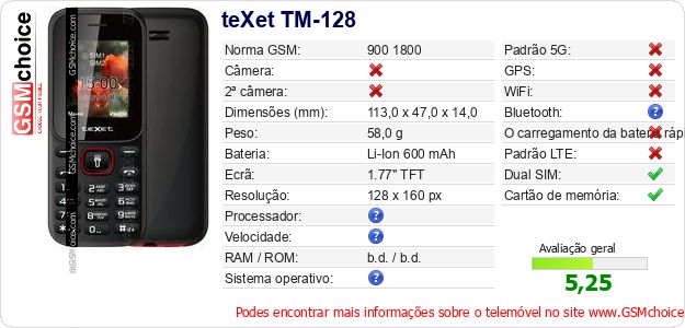 teXet TM-128 Especificações técnicas do telemóvel teXet TM-128 Especificações técnicas do telemóvel