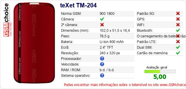teXet TM-204 Especificações técnicas do telemóvel teXet TM-204 Especificações técnicas do telemóvel
