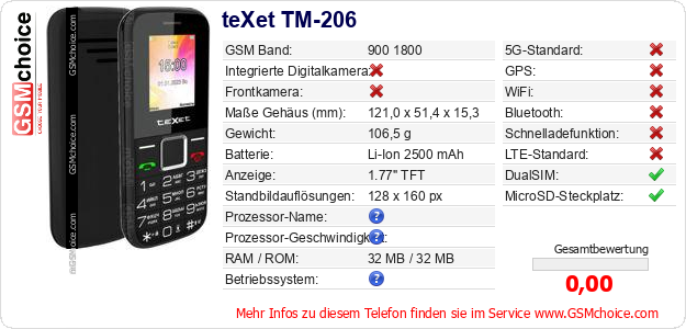 teXet TM-206 technische Daten teXet TM-206 technische Daten