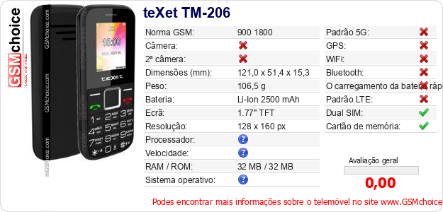 teXet TM-206 Especificações técnicas do telemóvel teXet TM-206 Especificações técnicas do telemóvel