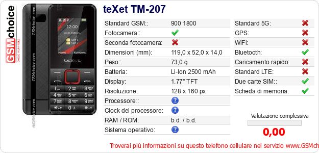 teXet TM-207 Dati tecnici di telefono cellulare teXet TM-207 Dati tecnici di telefono cellulare