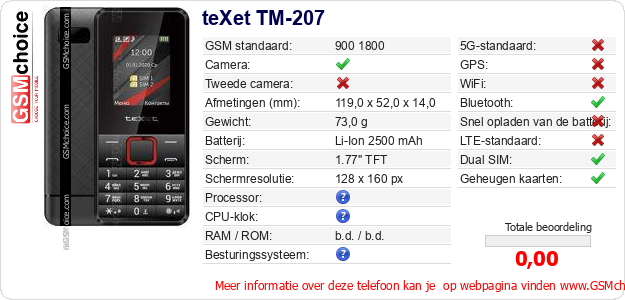 teXet TM-207 Technische gegevens teXet TM-207 Technische gegevens