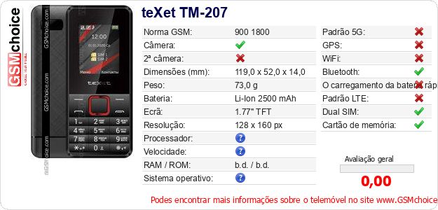 teXet TM-207 Especificações técnicas do telemóvel teXet TM-207 Especificações técnicas do telemóvel