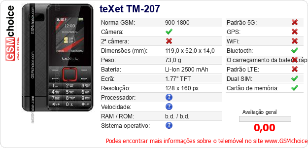 teXet TM-207 Especificações técnicas do telemóvel 