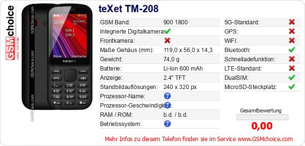 teXet TM-208 technische Daten teXet TM-208 technische Daten