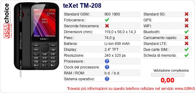 teXet TM-208 Dati tecnici di telefono cellulare teXet TM-208 Dati tecnici di telefono cellulare