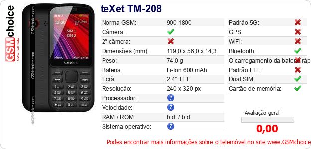 teXet TM-208 Especificações técnicas do telemóvel teXet TM-208 Especificações técnicas do telemóvel