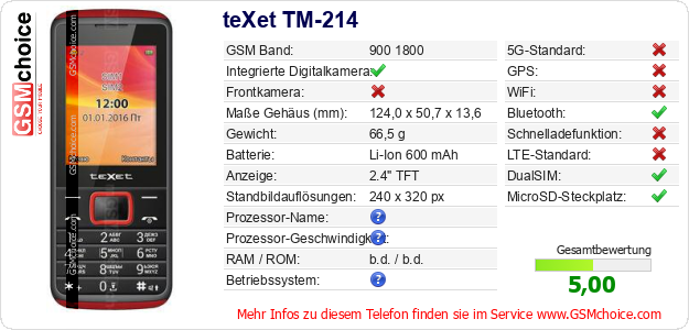 teXet TM-214 technische Daten teXet TM-214 technische Daten