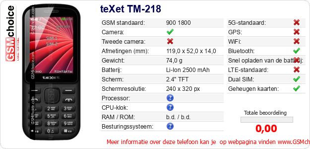 teXet TM-218 Technische gegevens teXet TM-218 Technische gegevens