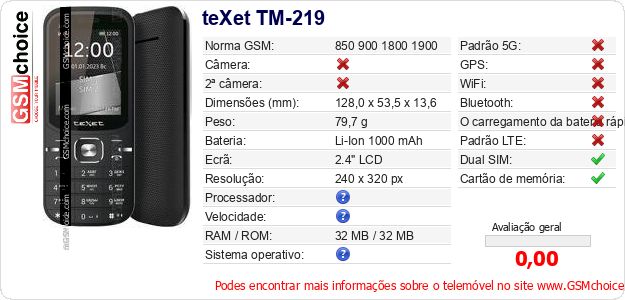 teXet TM-219 Especificações técnicas do telemóvel teXet TM-219 Especificações técnicas do telemóvel