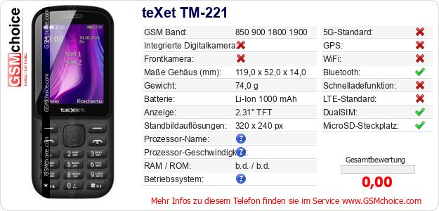teXet TM-221 technische Daten teXet TM-221 technische Daten