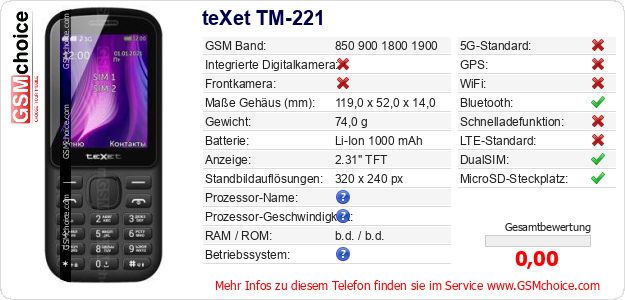 teXet TM-221 technische Daten teXet TM-221 technische Daten