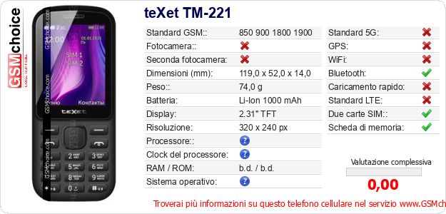 teXet TM-221 Dati tecnici di telefono cellulare teXet TM-221 Dati tecnici di telefono cellulare