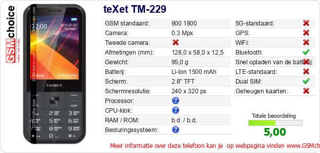 teXet TM-229 Technische gegevens teXet TM-229 Technische gegevens