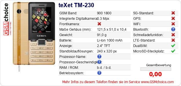 teXet TM-230 technische Daten teXet TM-230 technische Daten