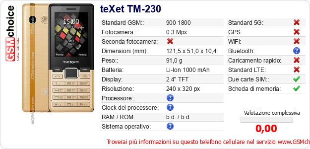 teXet TM-230 Dati tecnici di telefono cellulare teXet TM-230 Dati tecnici di telefono cellulare