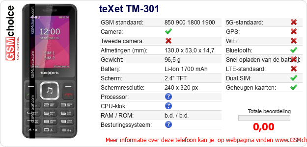 teXet TM-301 Technische gegevens 