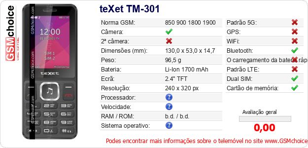 teXet TM-301 Especificações técnicas do telemóvel teXet TM-301 Especificações técnicas do telemóvel