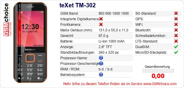 teXet TM-302 technische Daten teXet TM-302 technische Daten