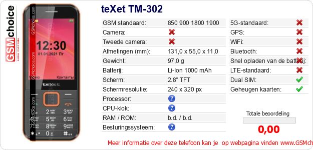 teXet TM-302 Technische gegevens teXet TM-302 Technische gegevens