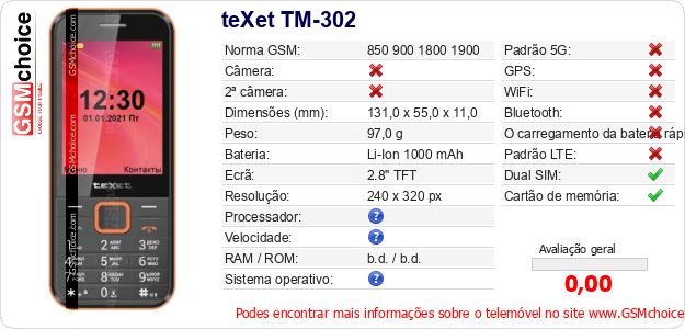 teXet TM-302 Especificações técnicas do telemóvel teXet TM-302 Especificações técnicas do telemóvel