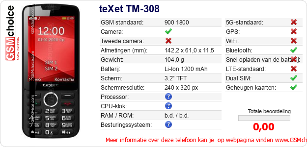 teXet TM-308 Technische gegevens 