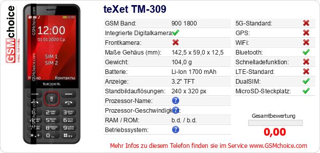 teXet TM-309 technische Daten teXet TM-309 technische Daten
